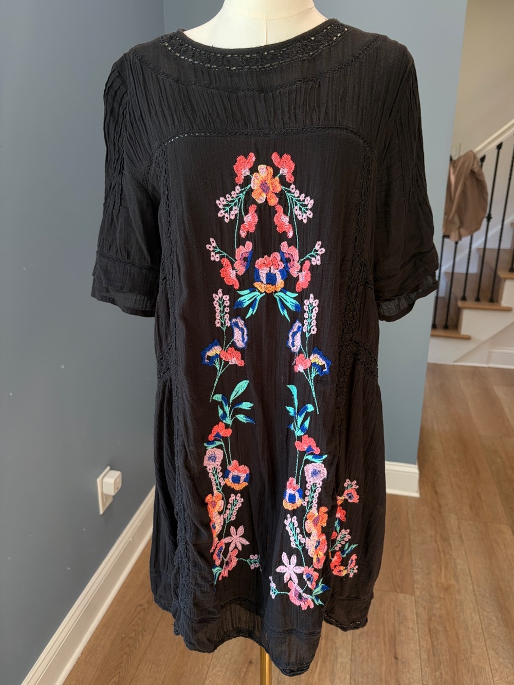 Free People Perfectly Victorian Black Floral Embroidered Crochet Mini Dress